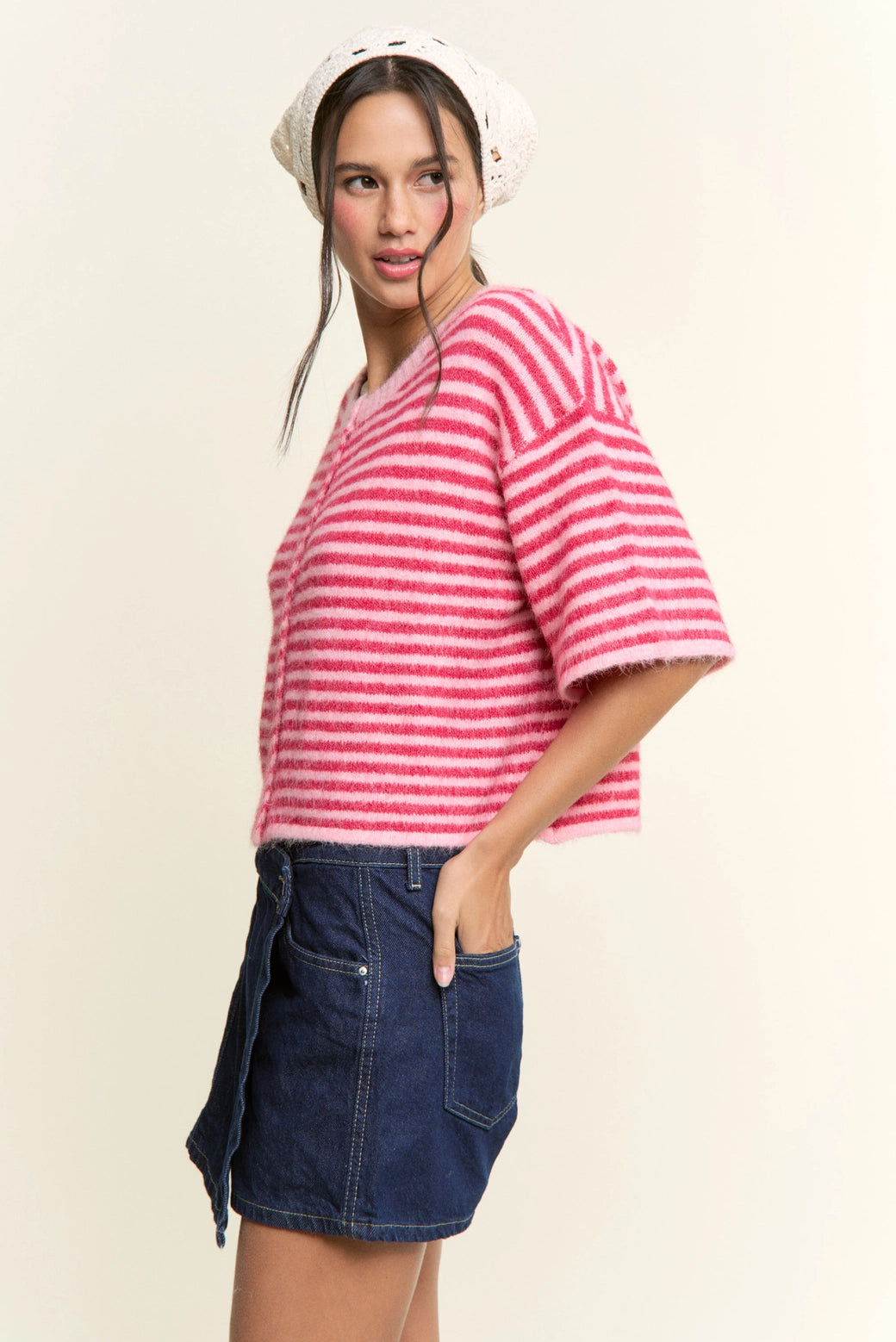 Pink Striped Knit Cardigan