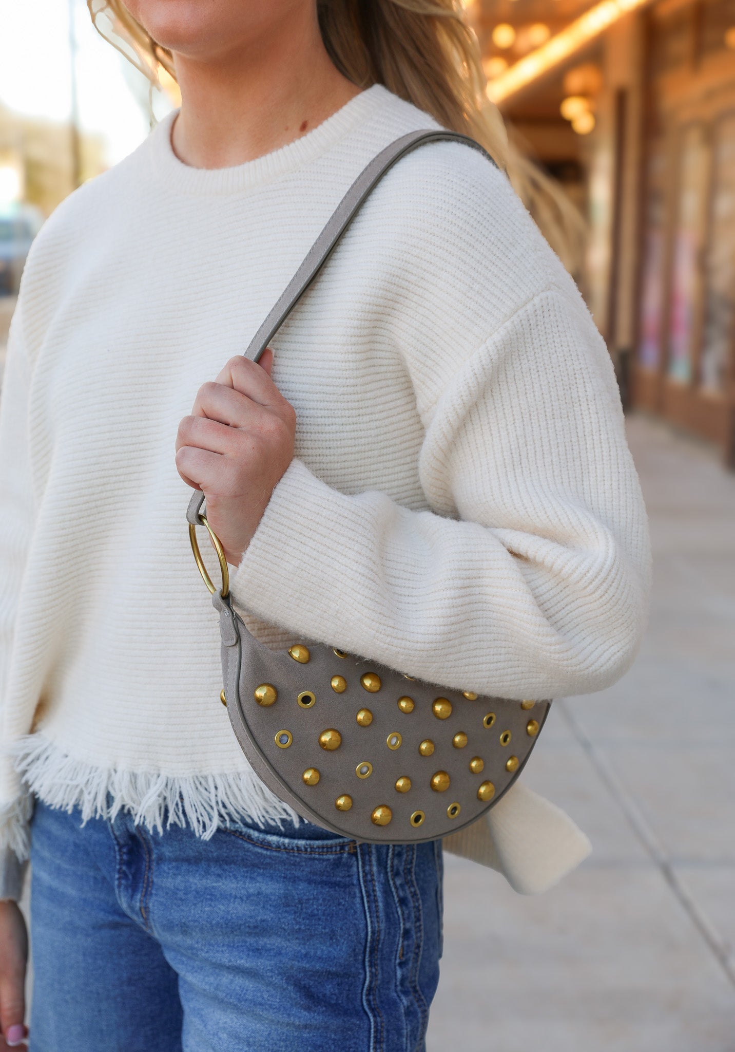 Gray Suede Studded Bag