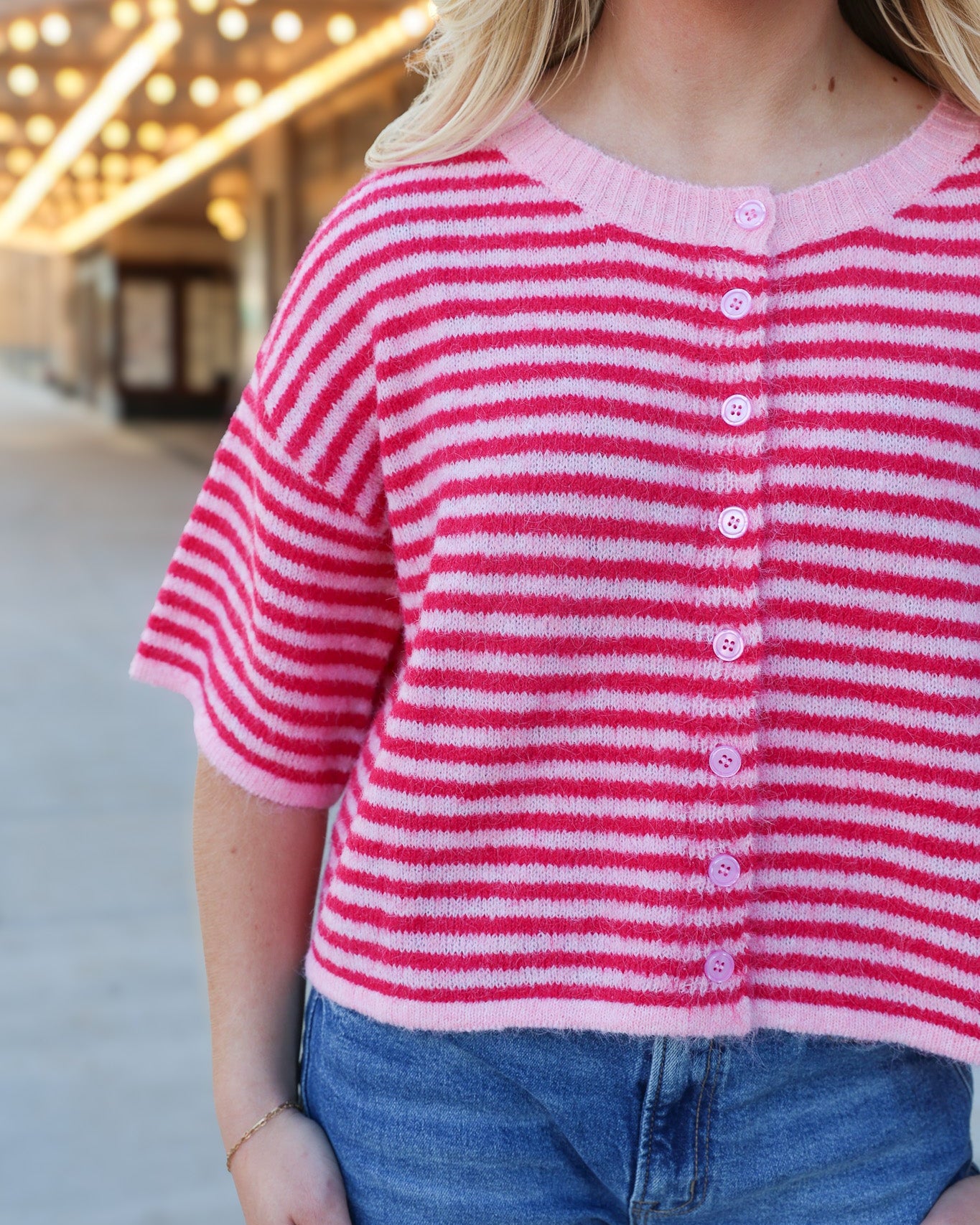 Pink Striped Knit Cardigan