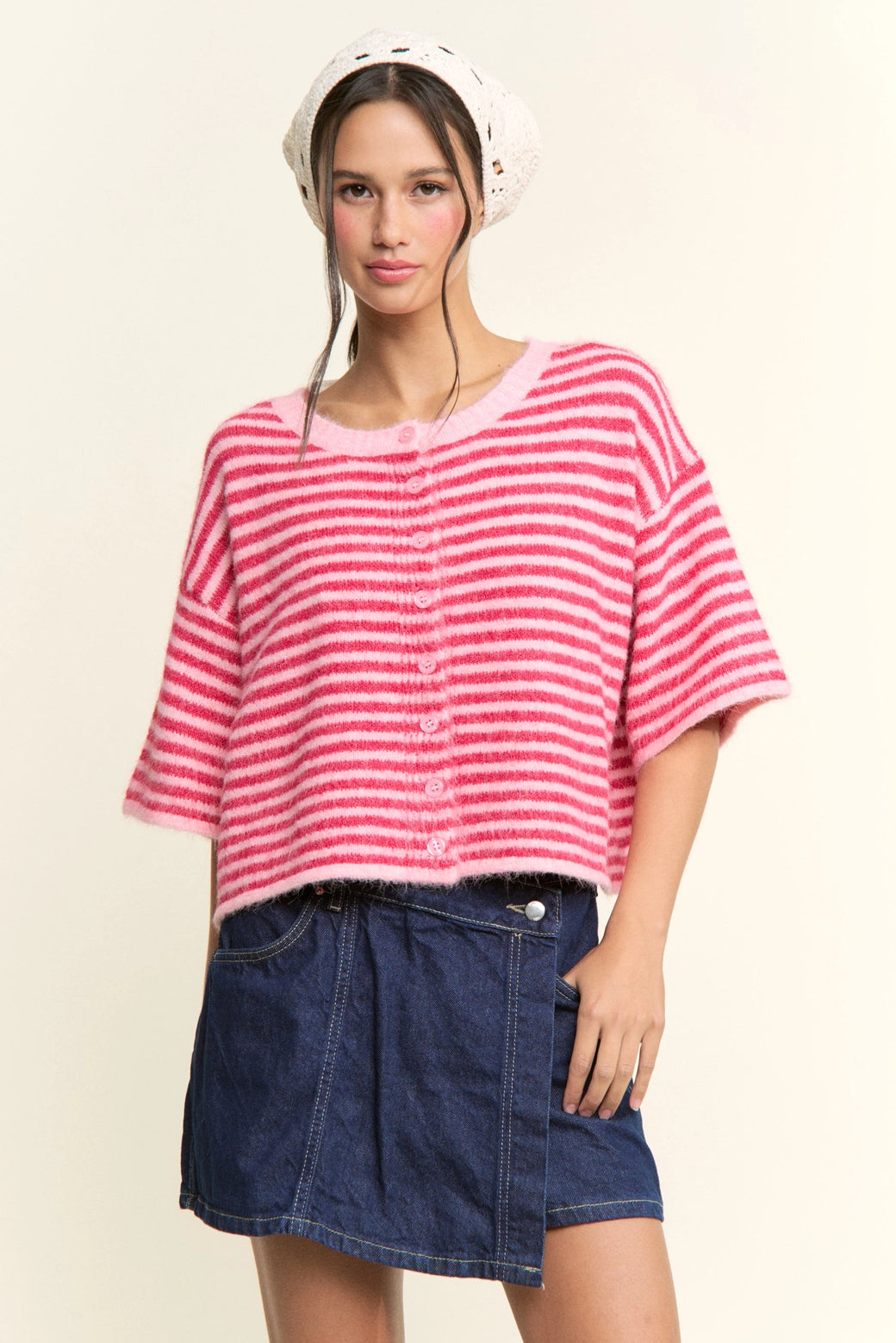 Pink Striped Knit Cardigan